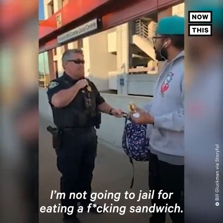 Police officer arrests man for eating a sandwich